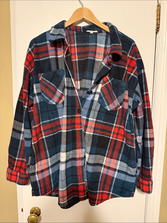 Maurices Jackets & Blazers - Maurices Navy & Red Plaid Fleece Shacket